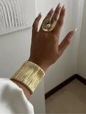 Anthropologie Gold Fringe Statement Cuff Bracelet with Pearl Accent Ring